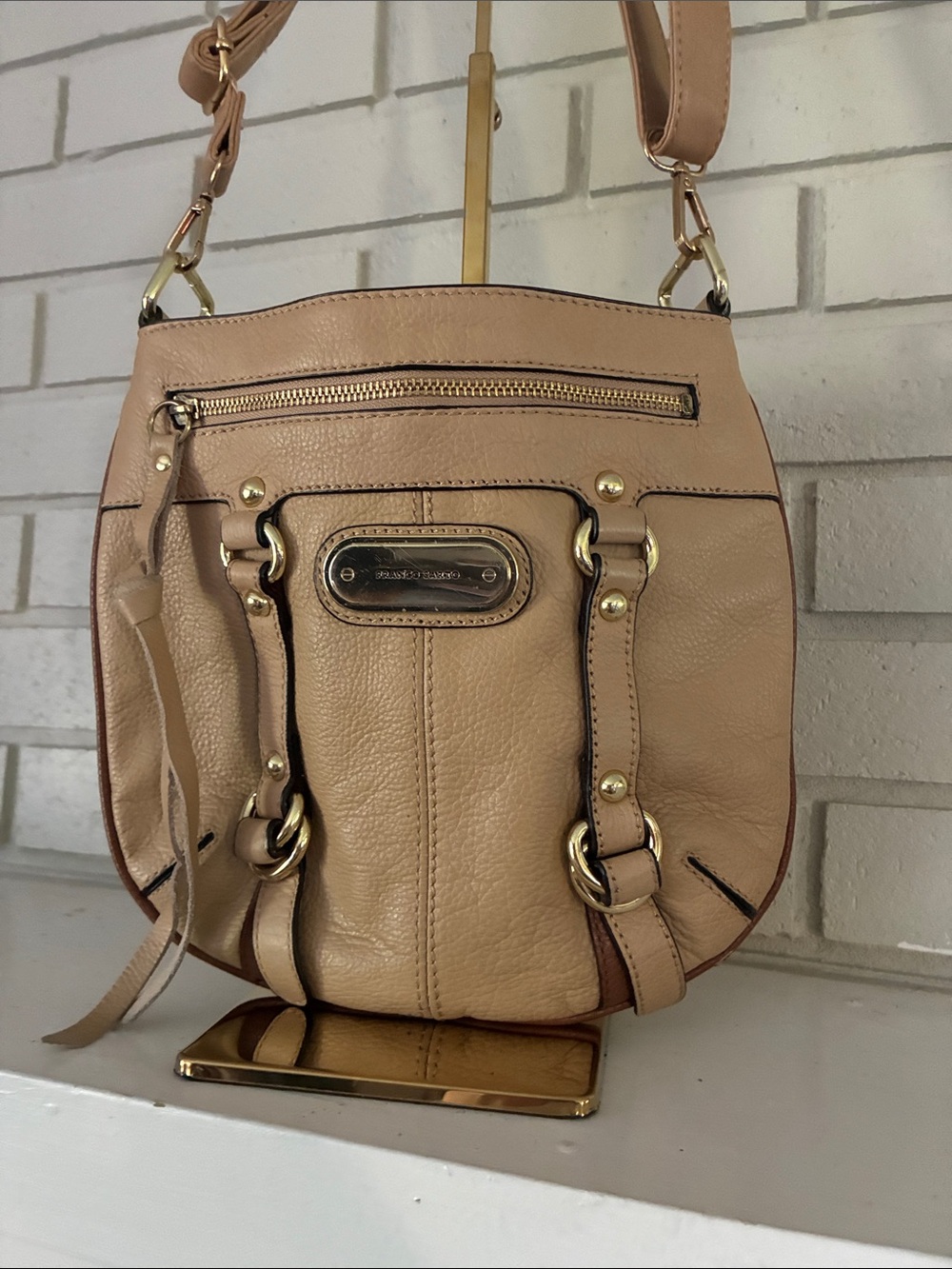 Tan Leather Crossbody Bag with Gold Hardware